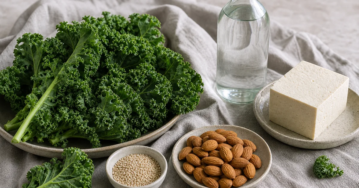 Calciumreiche Lebensmittel ohne Milch: Grünkohl, Brokkoli, Tofu, Mandeln, Sesam und getrocknete Feigen auf einem Holztisch