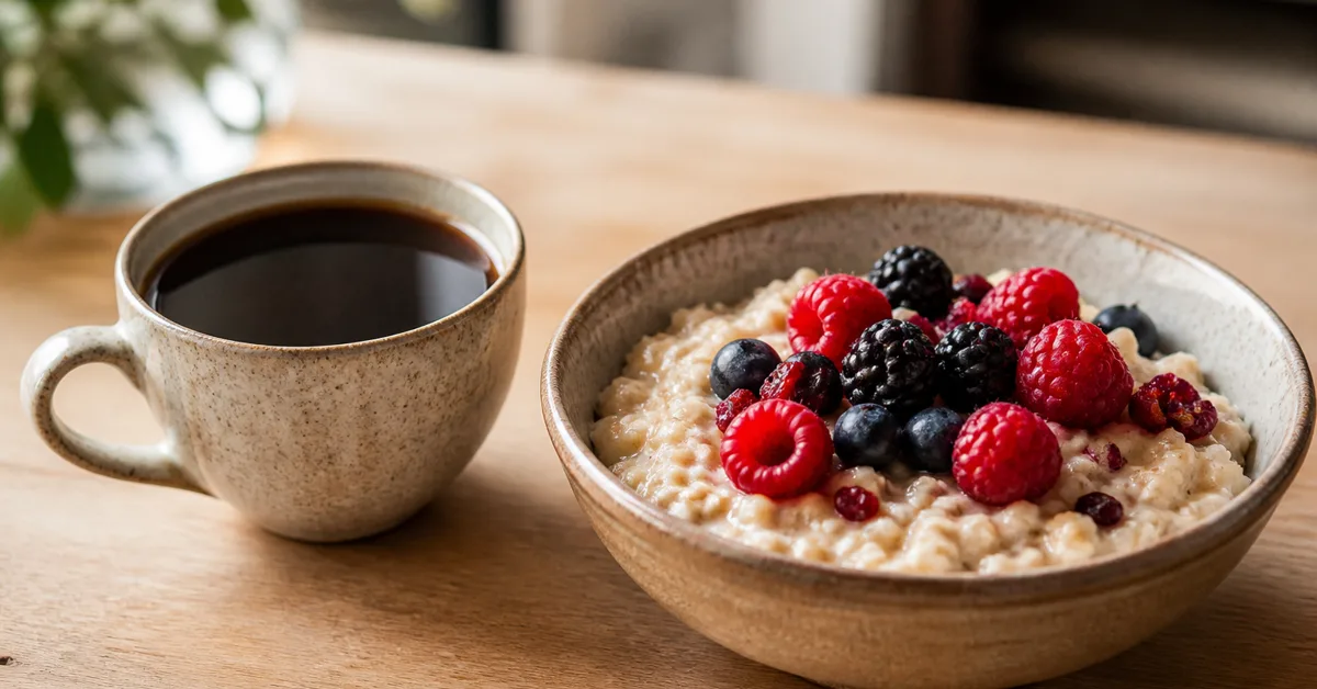 Tasse schwarzer Kaffee neben einer Schale Haferflocken mit Beeren auf einem hellen Holztisch am Morgen