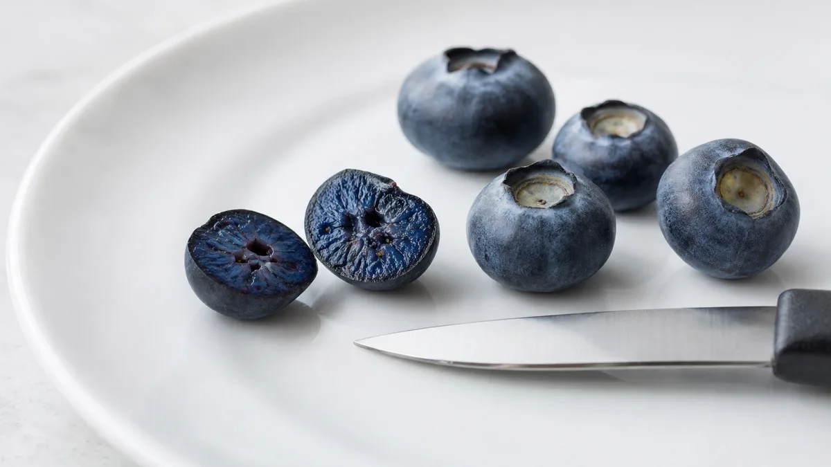 Kleine dunkle Wildheidelbeeren neben grossen hellen Kulturheidelbeeren, halbiert, mit blauem und weisslichem Fruchtfleisch im Vergleich