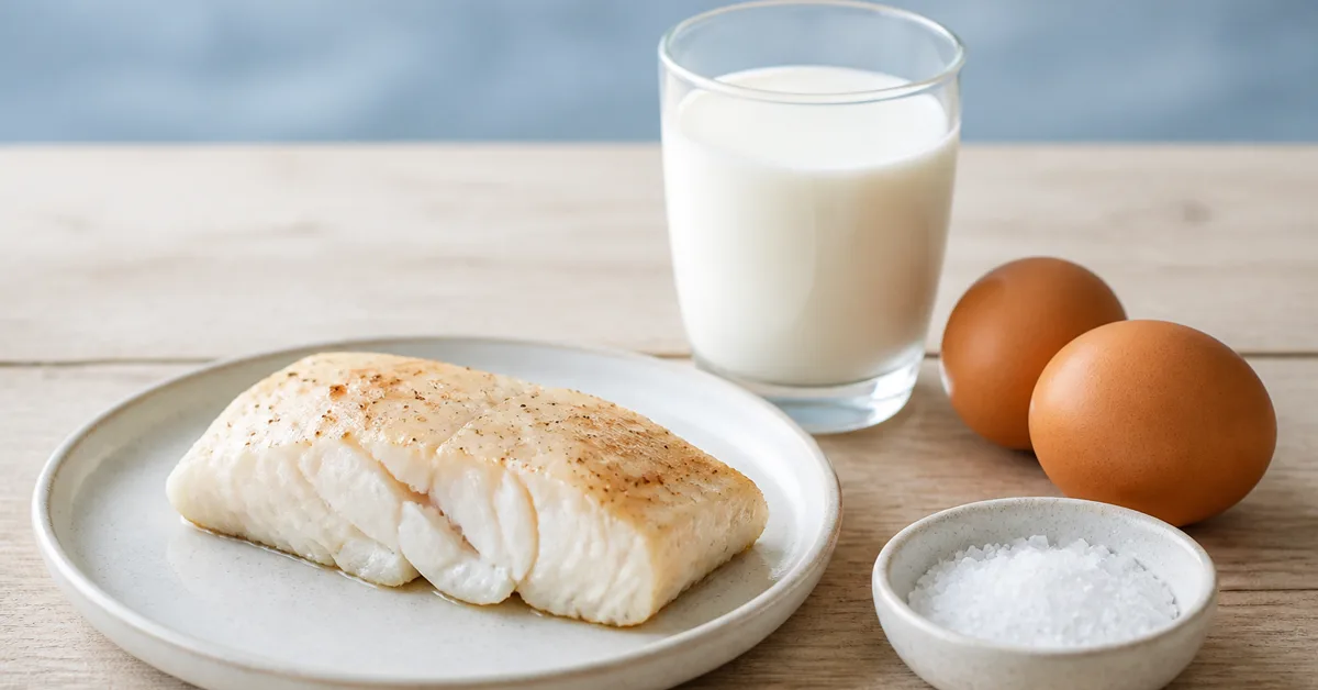Gebratenes Seefischfilet neben einem Glas Milch, Eiern und einem Salzstreuer auf hellem Holz