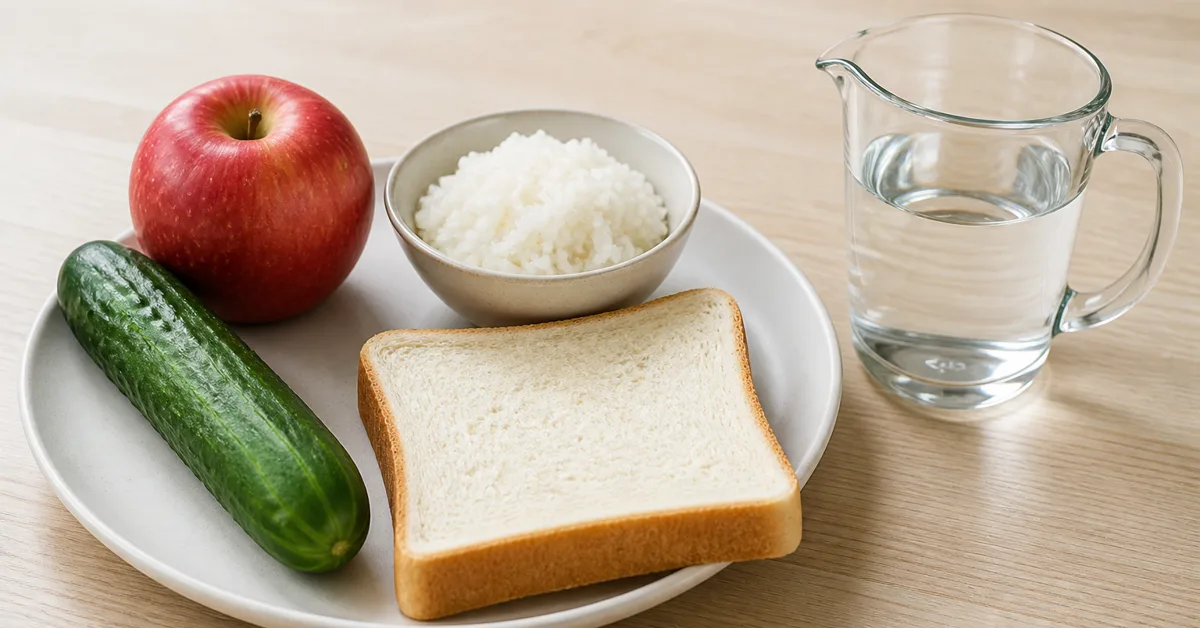 Apfel, Gurke, Weissbrot und gekochter Reis auf einem hellen Teller neben einem Messbecher mit Wasser
