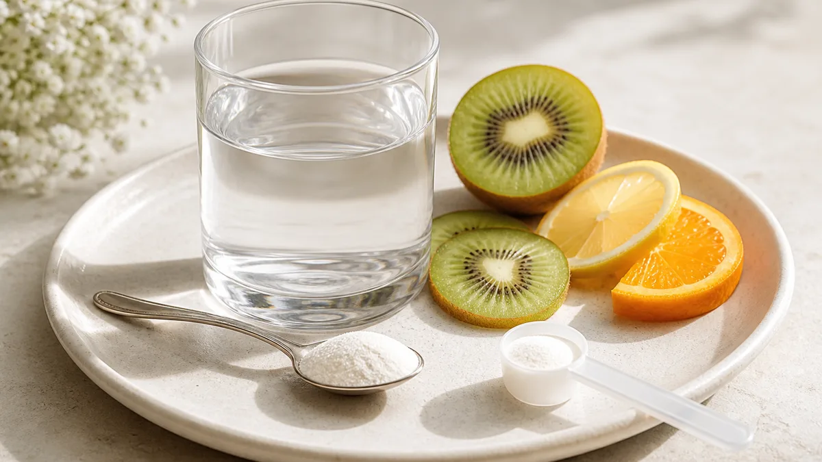 Eine Portion Kollagenpulver mit Messlöffel neben einem Glas Wasser, frischen Zitrusfrüchten und Beeren auf einem hellen Küchentisch