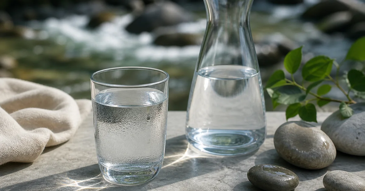 Ein Glas klares Wasser wird am Küchenhahn gefüllt, daneben eine Flasche Mineralwasser und Kalkspuren am Wasserhahn