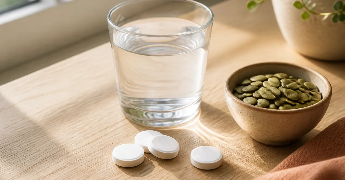 Magnesiumtabletten neben einem Glas Wasser und einer Schale Kürbiskerne auf einer hellen Holzfläche im Morgenlicht