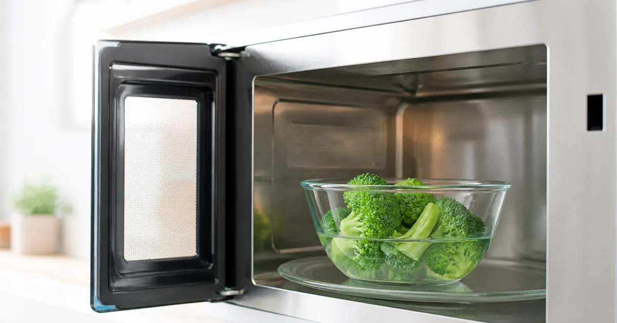 Glasschale mit Broccoliröschen und wenig Wasser in einer geöffneten Mikrowelle in einer hellen Küche
