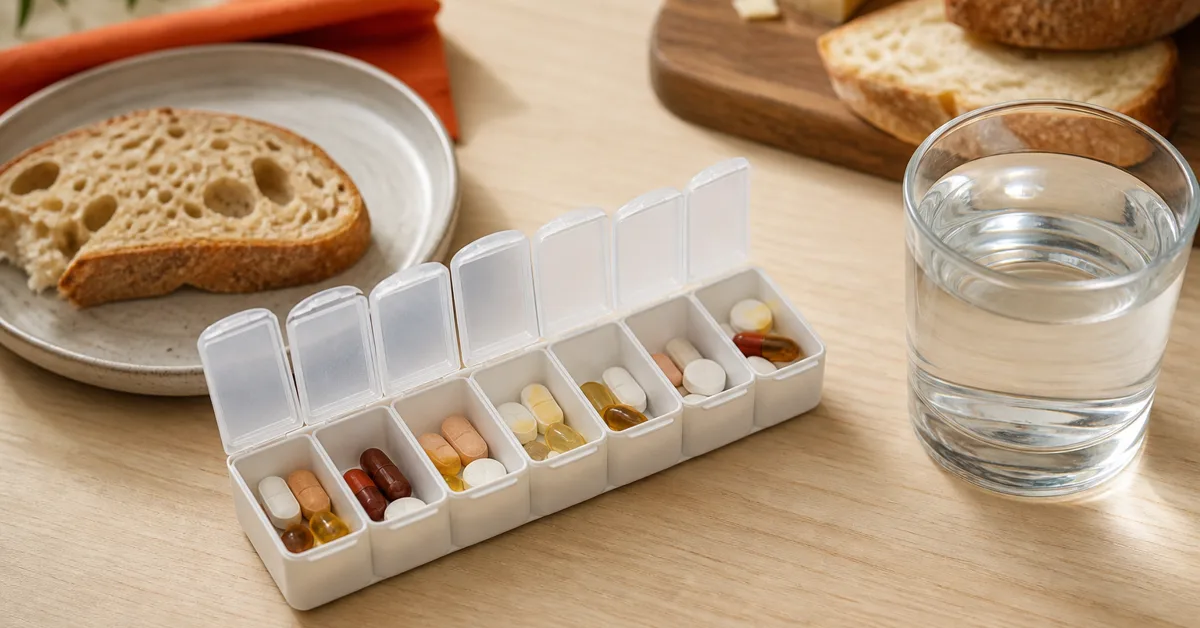 Verschiedene Kapseln und Tabletten in einer Wochenbox neben einem gedeckten Frühstückstisch mit Brot und Käse
