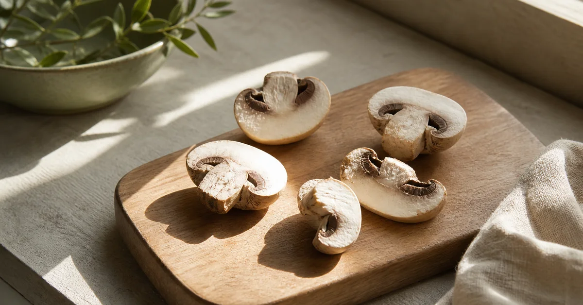 In Scheiben geschnittene Champignons mit den Lamellen nach oben auf einem Holzbrett in der Sonne auf einer Fensterbank