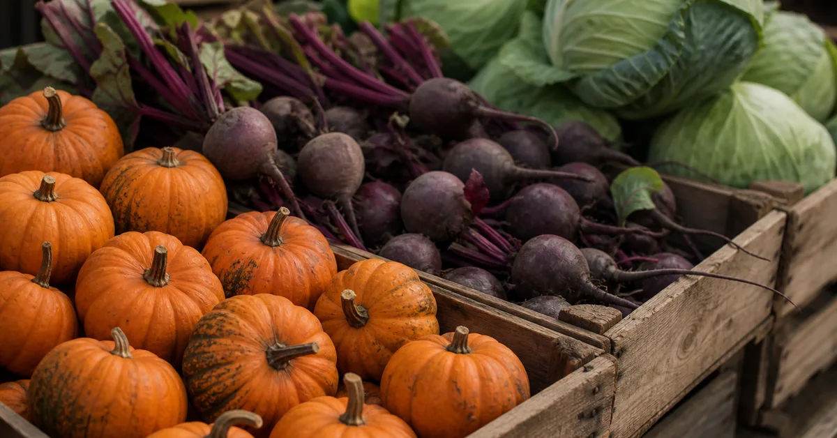 Marktstand mit saisonalem Gemüse im Herbst, Kürbisse, Randen und Kabis in Holzkisten