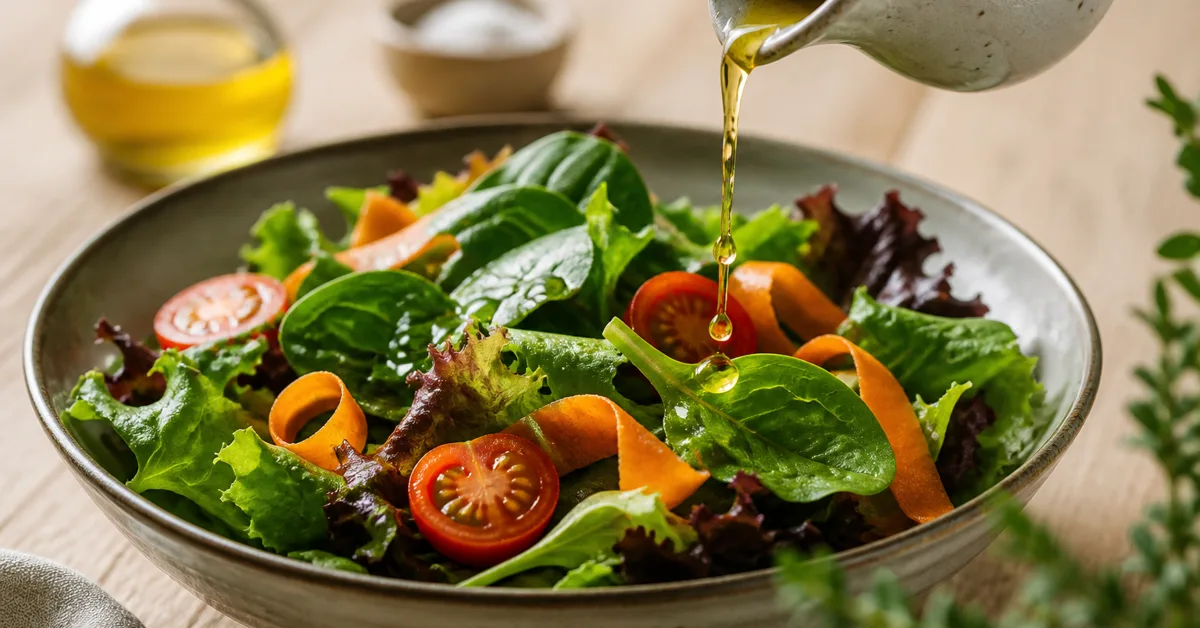 Bunter Blattsalat mit Karottenstreifen und Tomaten, darüber wird Olivenöl aus einer kleinen Kanne gegossen