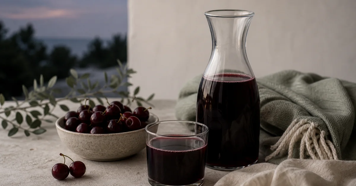 Ein Glas dunkelroter Sauerkirschsaft neben frischen Sauerkirschen auf einem Holztisch am Abend