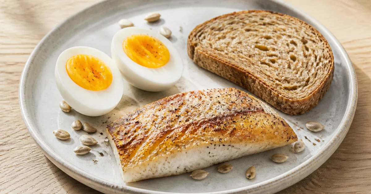 Gebratenes Fischfilet, gekochte Eier und Vollkornbrot auf einem hellen Teller mit Sonnenblumenkernen