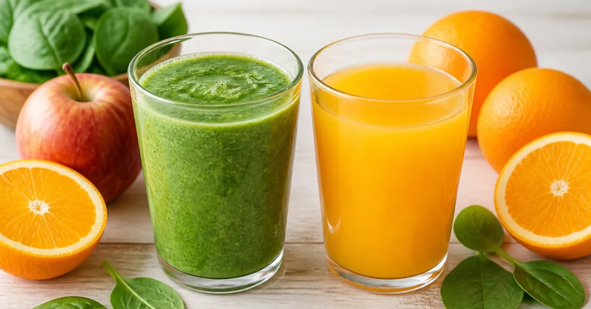 Zwei Gläser nebeneinander mit grünem Smoothie und klarem Orangensaft, daneben frisches Obst auf hellem Holz
