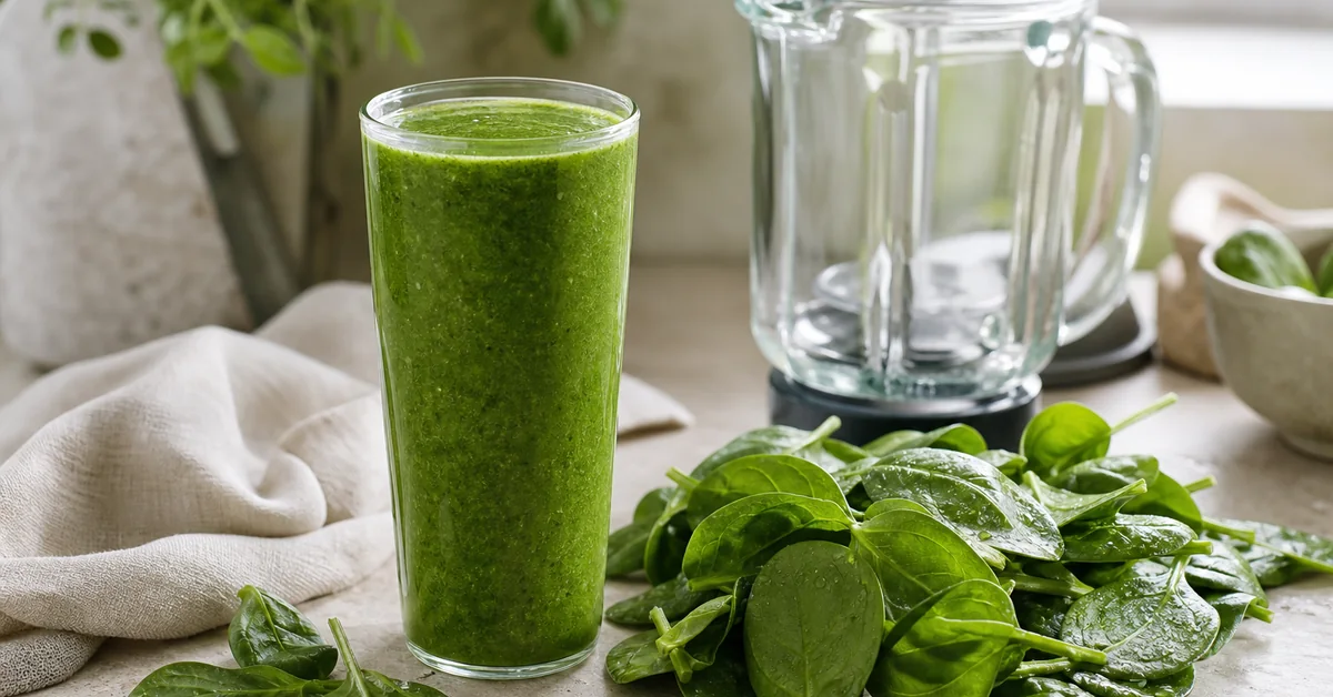 Grüner Smoothie im Glas neben frischen Spinatblättern, einer halben Banane und Zitronenscheiben auf einem hellen Holztisch