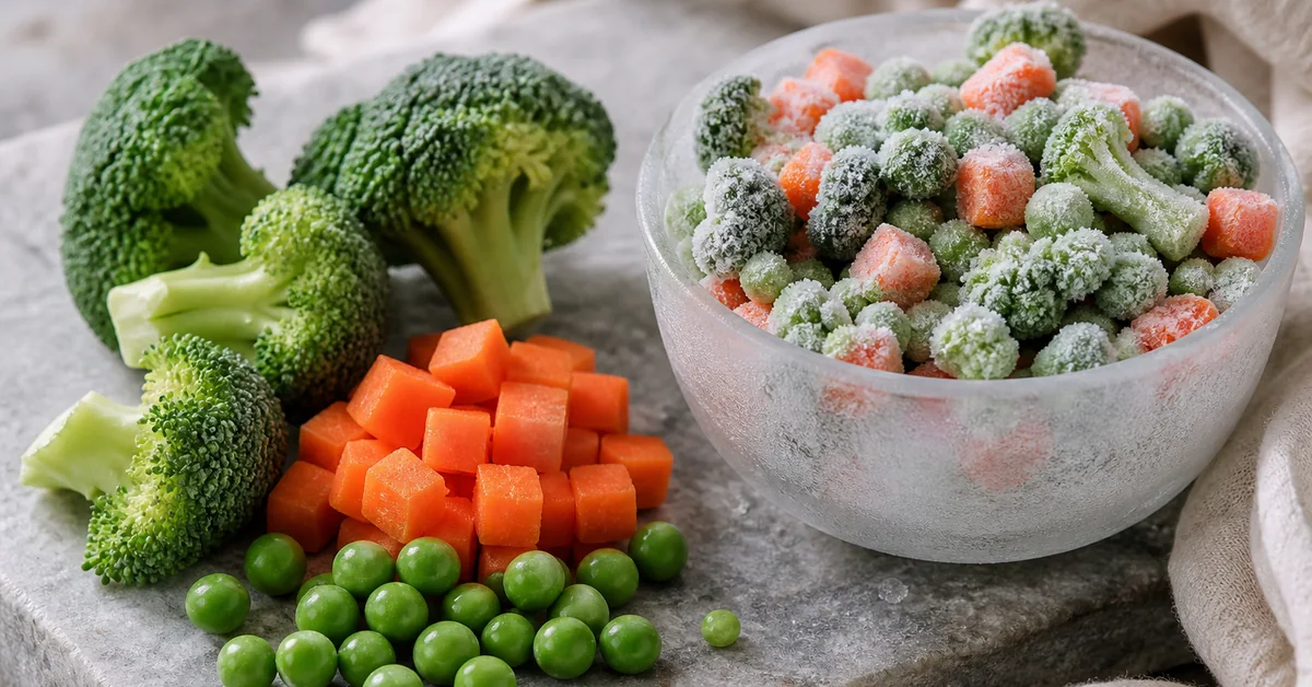 Gefrorene Erbsen, Broccoliröschen und Spinat mit Eiskristallen neben frischem Gemüse auf einer Küchentheke