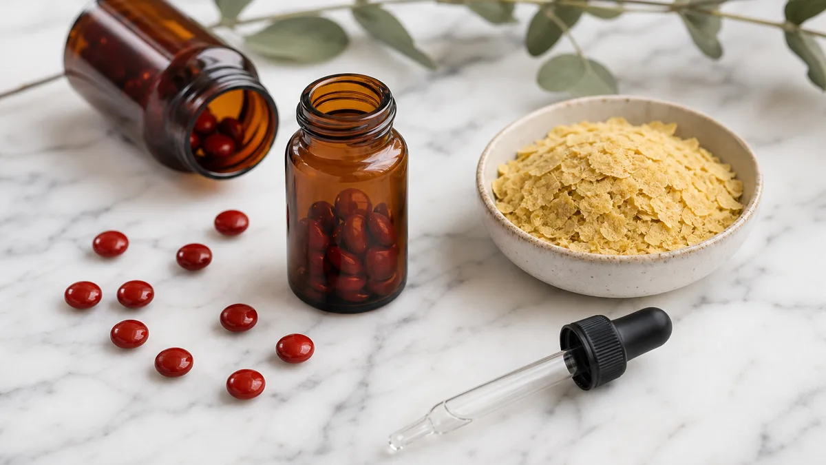 Mehrere Vitamin-B12-Präparate mit rötlichen Tabletten und Kapseln nebeneinander auf einem hellen Tisch, daneben eine Lupe