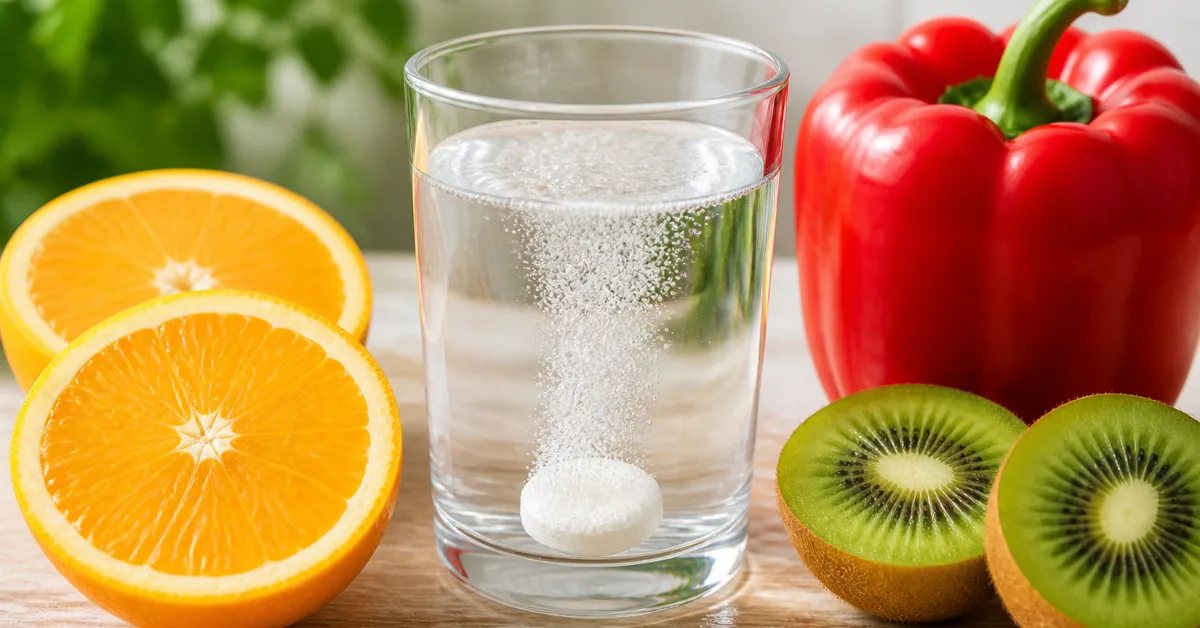 Aufgeschnittene Orangen, Peperoni und Kiwi neben einer Brausetablette in einem Glas Wasser auf hellem Holz