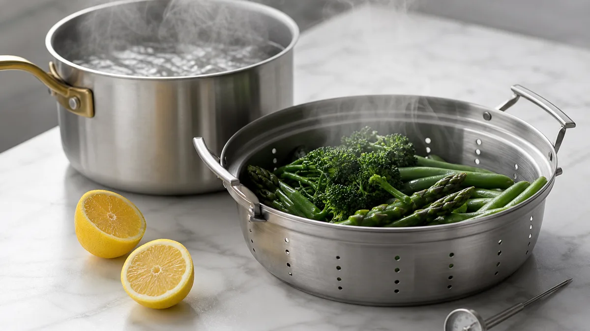 Frisch geschnittenes Gemüse wie Broccoli, Paprika und Kartoffeln neben einem dampfenden Topf auf dem Herd