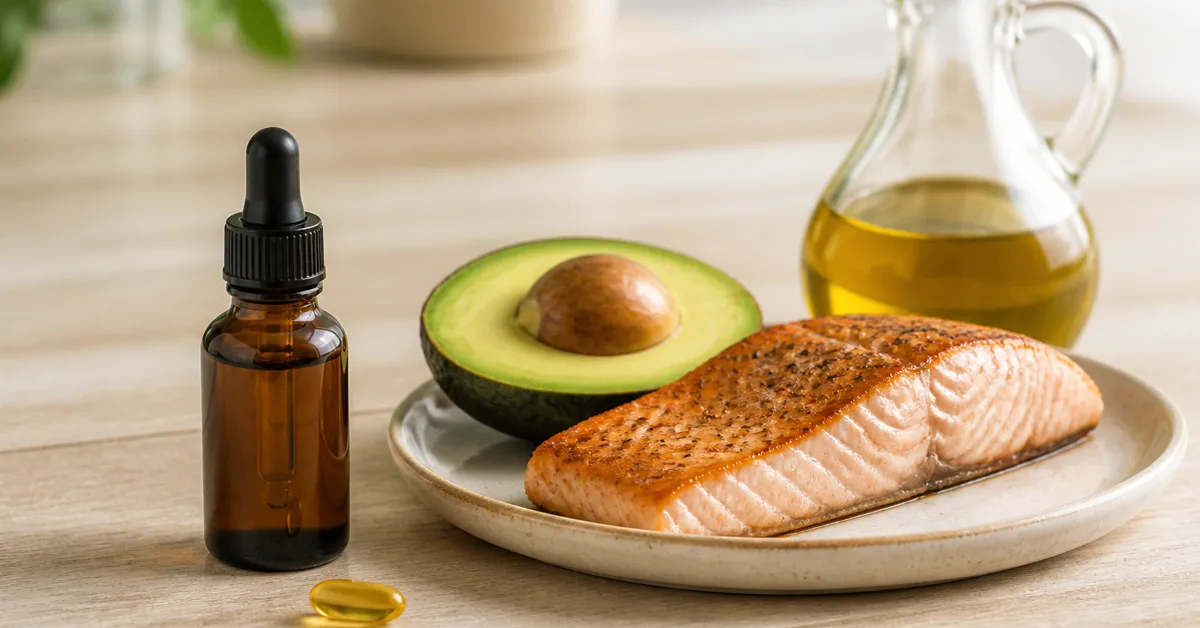 Vitamin-D-Tropfen und eine Kapsel neben einem Teller mit Lachs, Avocado und Olivenöl auf hellem Holz