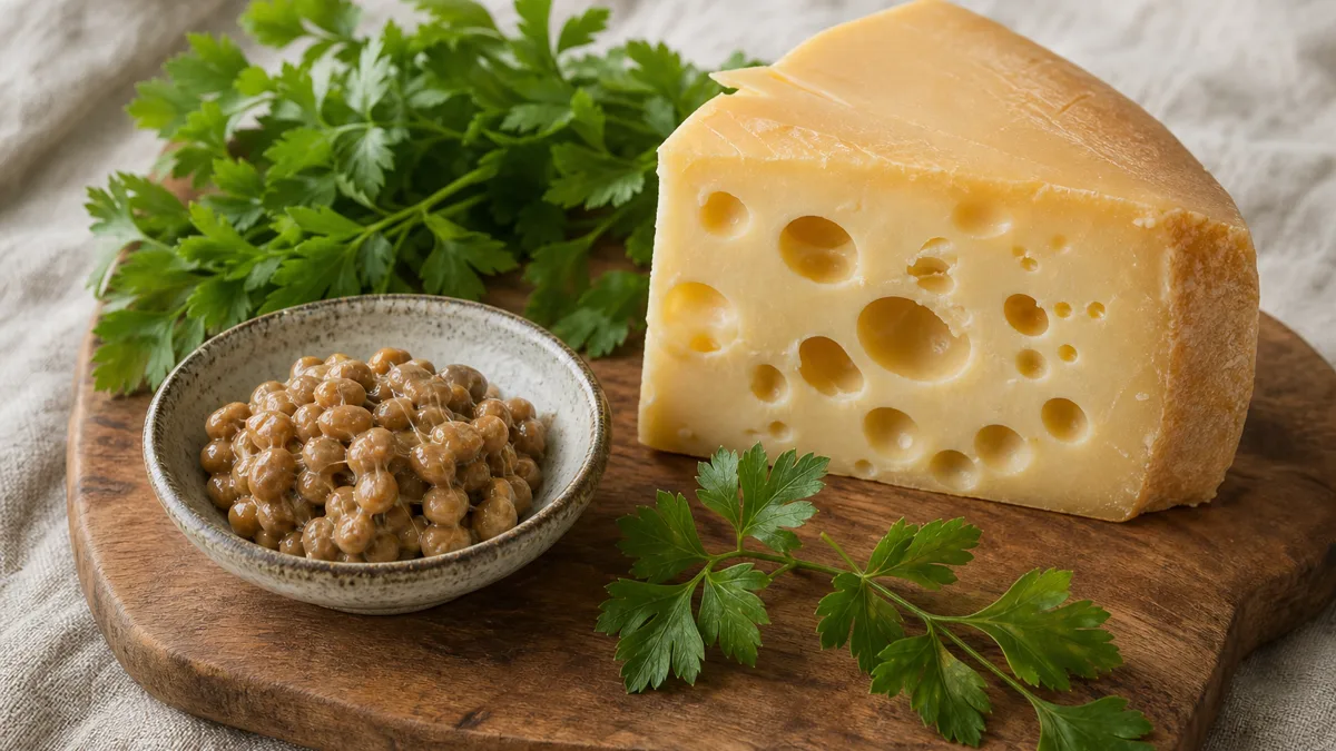 Vitamin-K2-reiche Lebensmittel wie Emmentaler, Gruyère, Eigelb und eine Schale Natto auf einem Holztisch