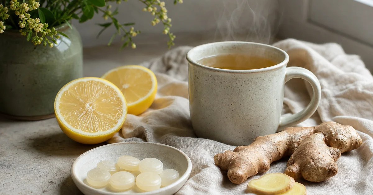 Zink-Lutschtabletten neben einer Tasse Tee, Taschentüchern und einer aufgeschnittenen Zitrone auf einem hellen Tisch